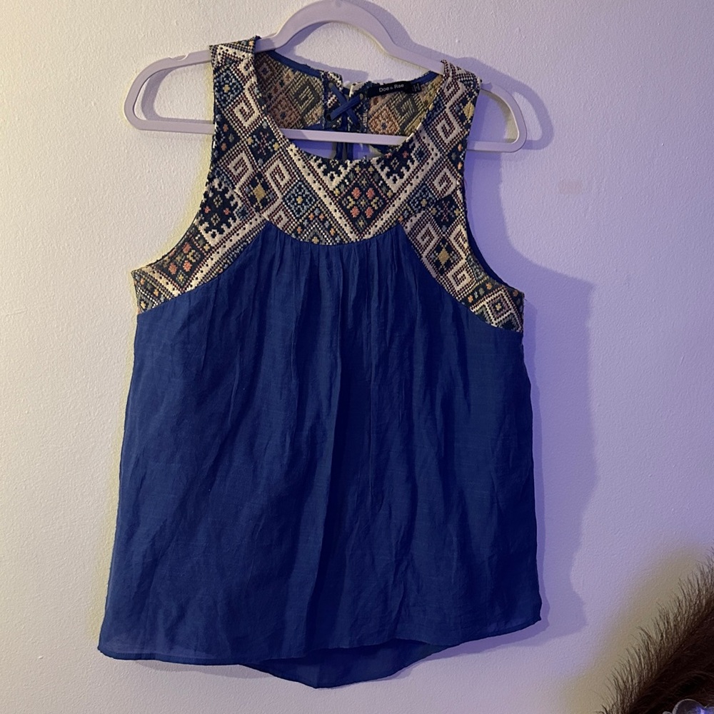 Doe & Rae Indigo Blue Sleeveless Top with Embroidered Yoke- Preloved